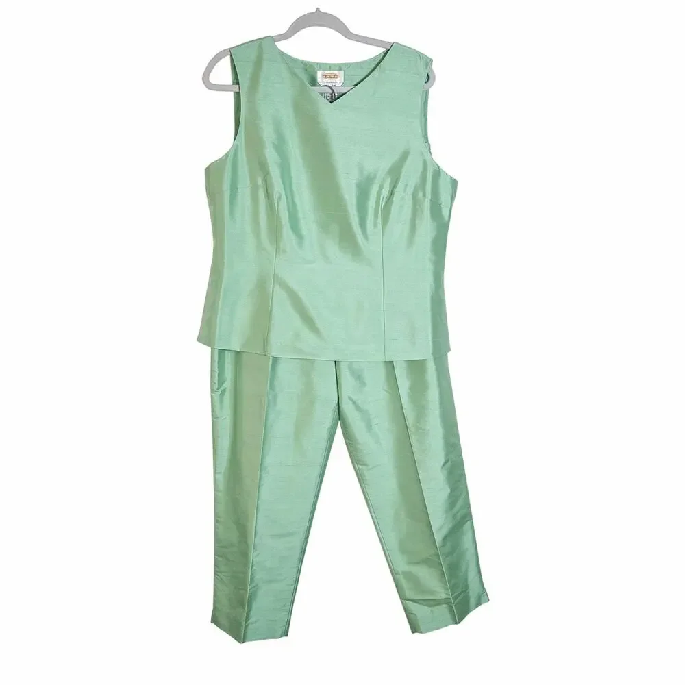 Vintage 90s Talbots Pure Silk Women 16/18 Sage Green Shantung Silk 2 pc Pant Set - Picture 2 of 14